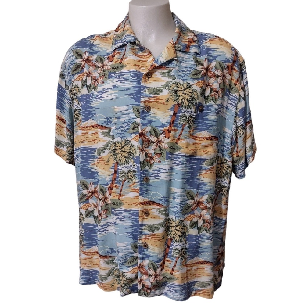 Island Shores Hawaiian Shirt Men's XXL Tropical Palm Tree Aloha Blue Rayon Retro